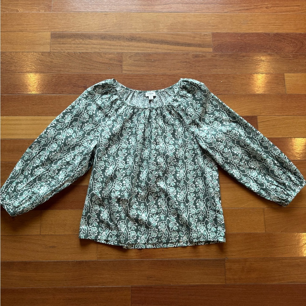 J.Crew Floral Peasant Blouse – Green/White Print | Size Small